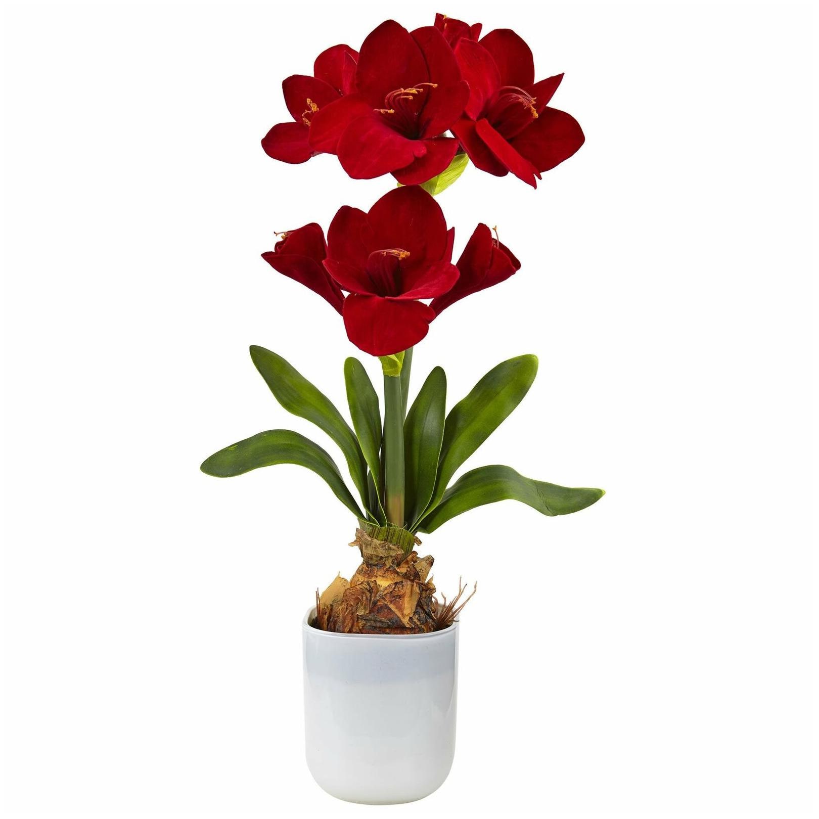 

Nearly Natural Red Silk Amaryllis Floral Arrangement Red Oriental Modern Cont