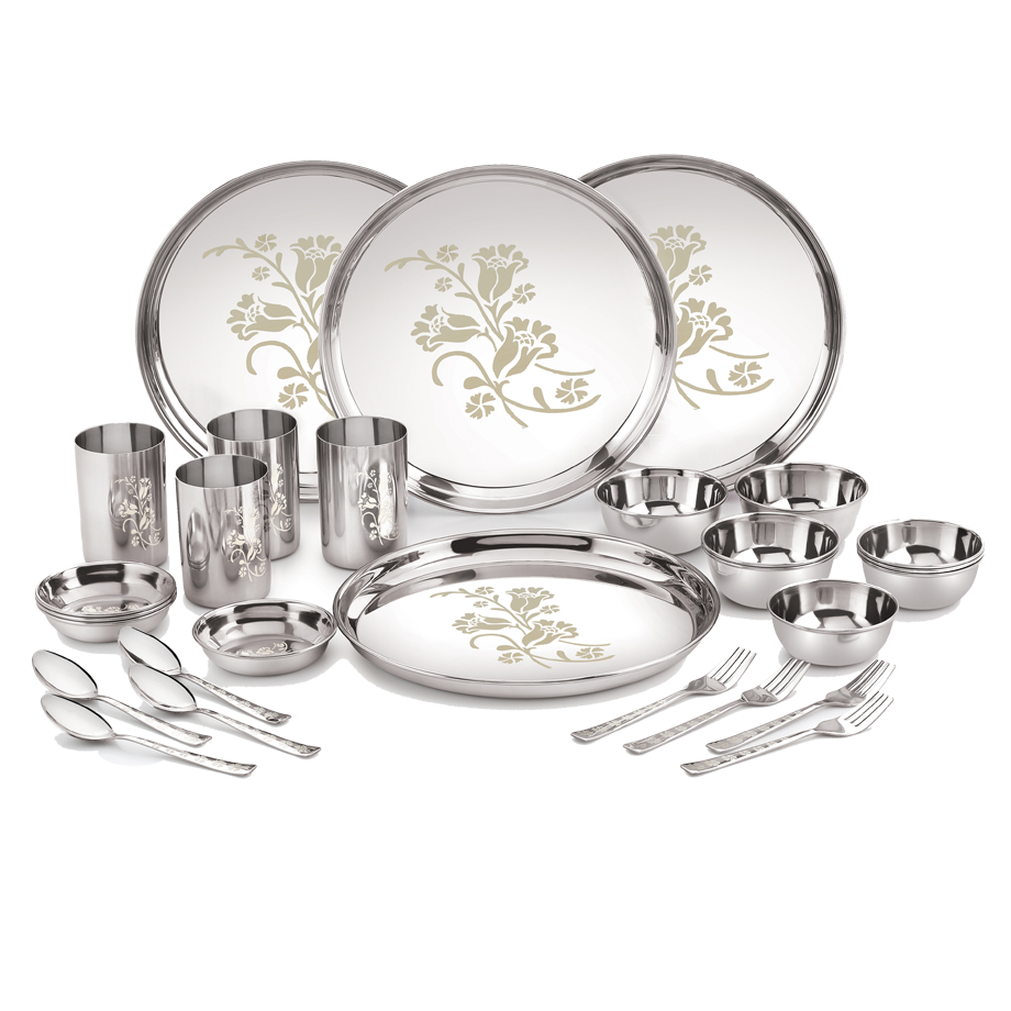

Neelam Stainless Steel 24 Gauge Lazer Etching Dinner Set 28 pcs Silver