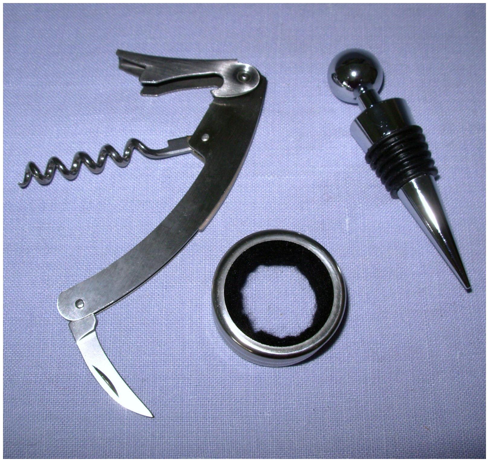 

New 3 pc Corkscrew Set w Wine Opener Stopper Collar gift in tin box iMounTEK