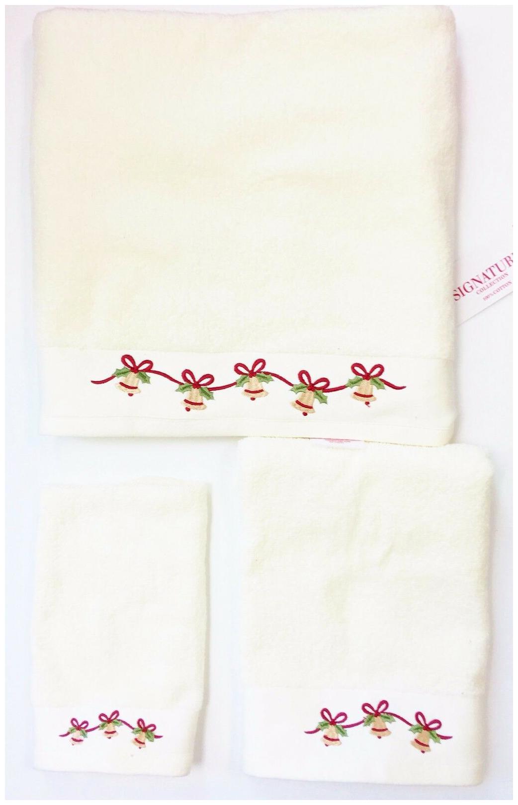 

NEW 3 PC SET SIGNATURE CREAM RED COTTON CHRISMAS BELL BATH HAND FINGER TIP TOWEL