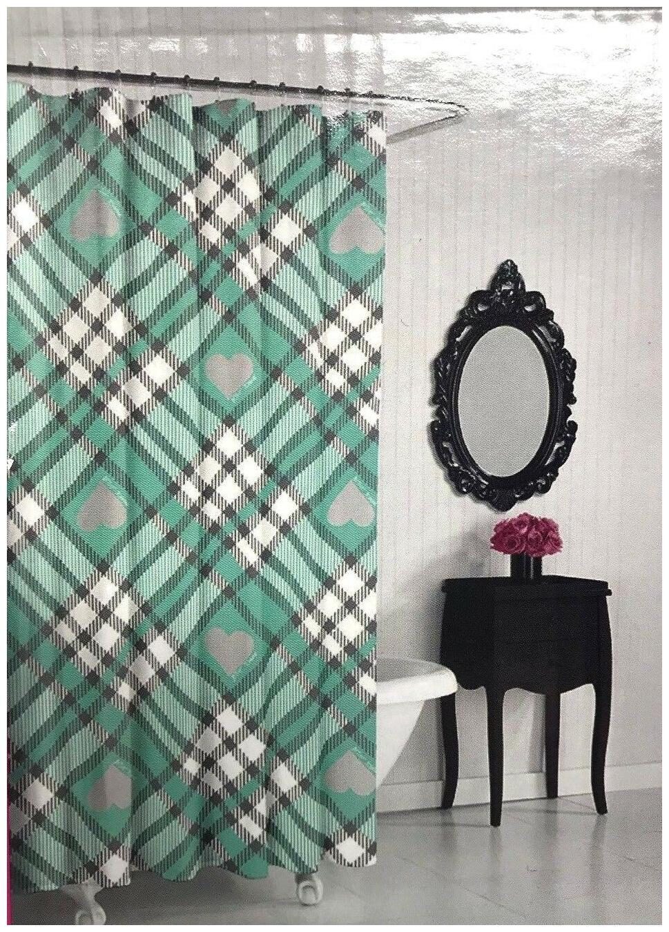 

New Betsey Johnson Shower Curtain Hearts Plaid Fabric Grey Gray Aqua White 72