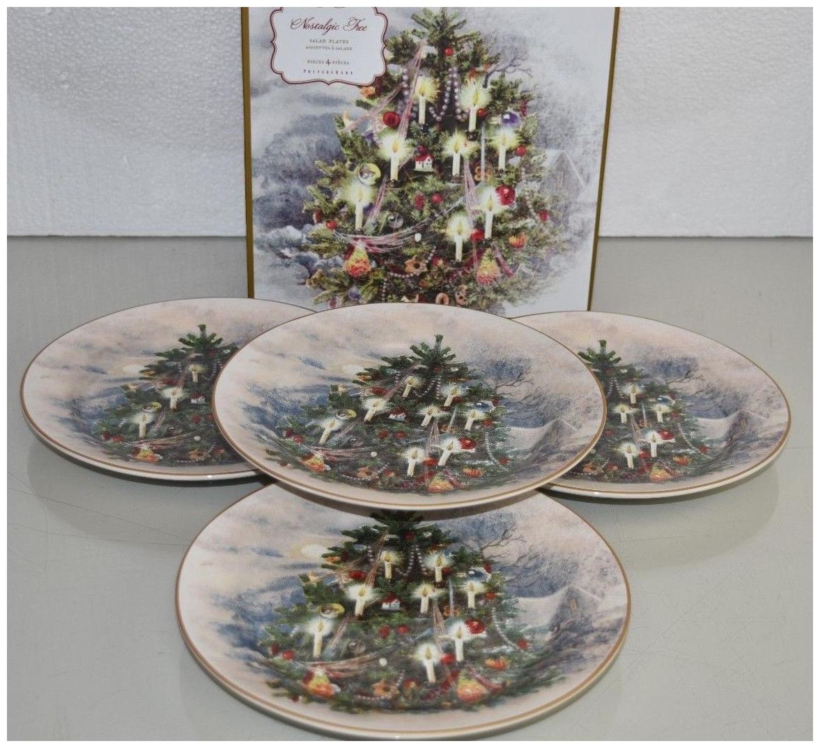 

NEW in GIFT BOX Pottery Barn Set of 4 Nostalgic Tree SALAD PLATES Christmas