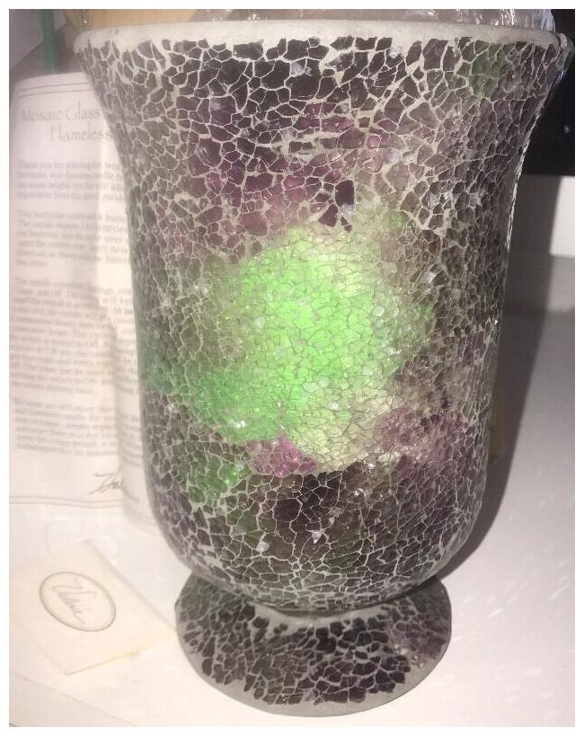 

NEW Mosaic Glass Hurricane Candle Holder w Flameless Candle