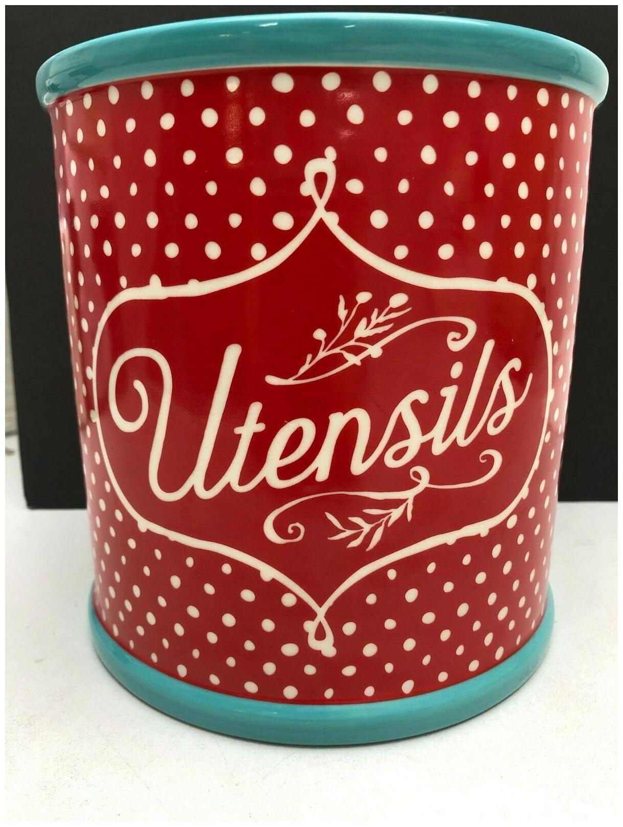 

New Pioneer Woman 6 5 x 7 Red Teal Polka Dot Stoneware Crock Utensil Canister