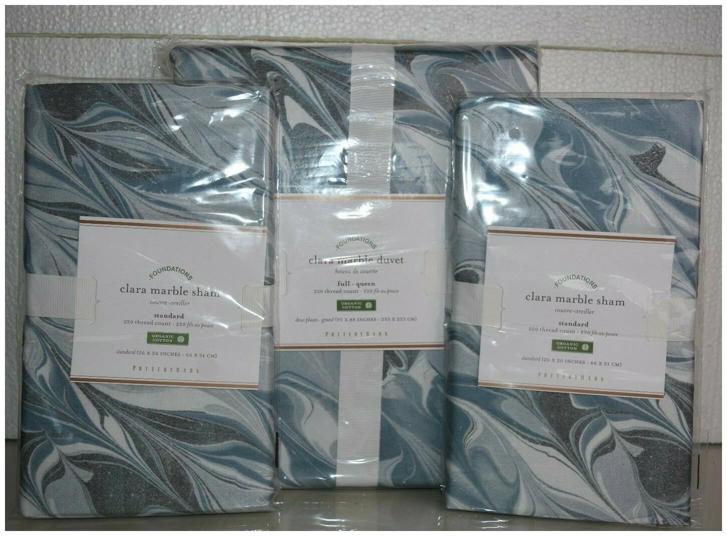 

NEW POTTERY BARN CLARA BLUE MARBLE DUVET Cover FULL QUEEN 2 SHAMS 3 Pc set