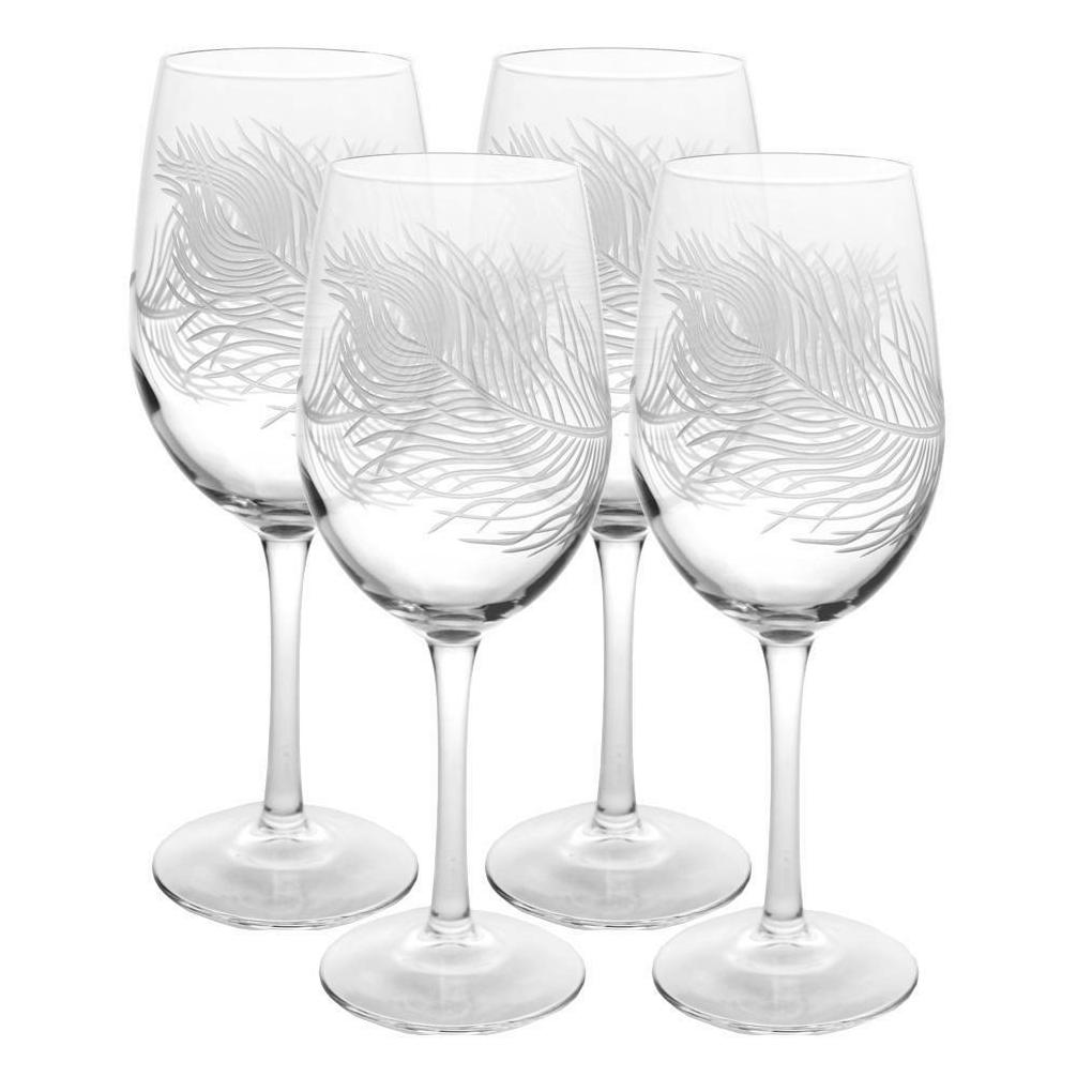 

NEW ROLF SET OF 4 CLEAR CRYSTAL PEACOCK FEATHER DESIGN GLASS WINE GOBLETS USA