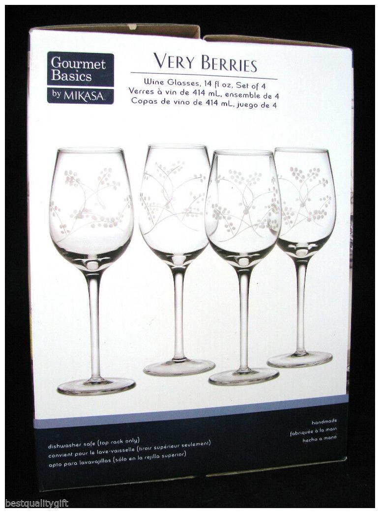 

NEW SET 4 PC MIKASA GOURMET BASICS VERY BERRIES VINE 14OZ WINE GLASSES BOX