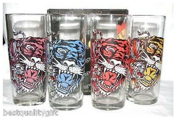 

NEW SET OF 4 ED HARDY 14 OZ HI-BALL GLASS-TIGER S HEAD IN 4 COLORS BOX