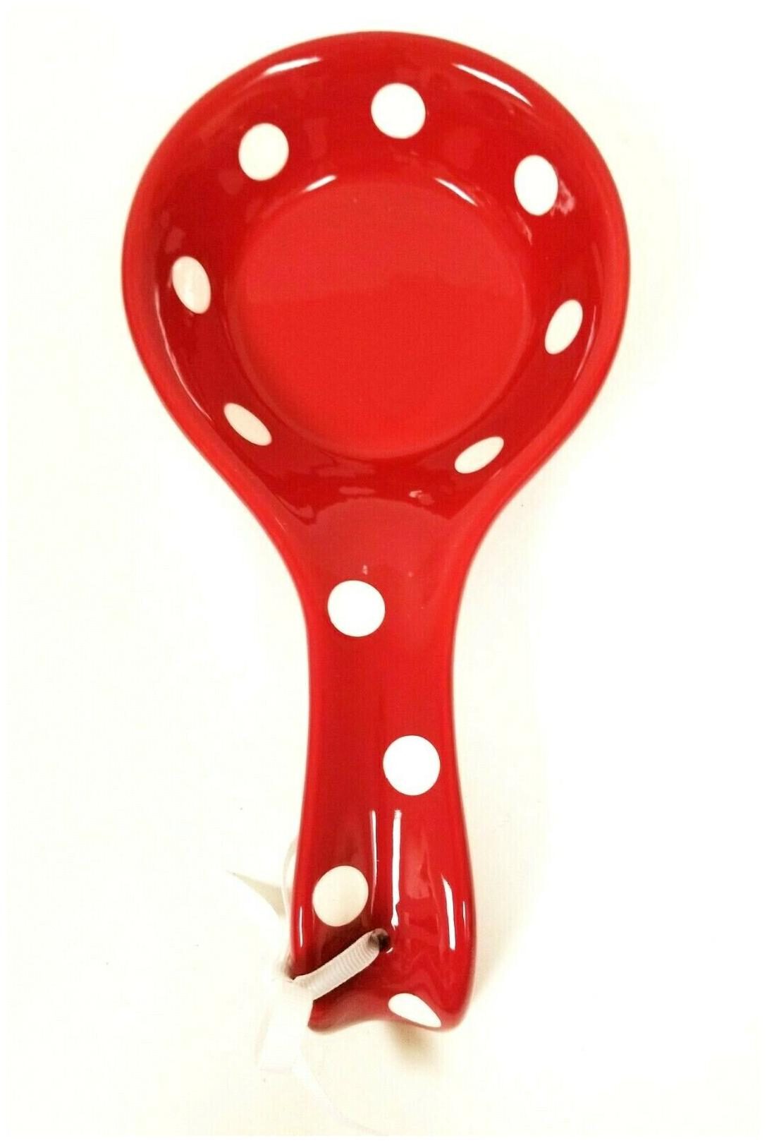 

NEW TERRAMOTO RED WHITE POLKA DOT CERAMIC SPOON REST HOLDER