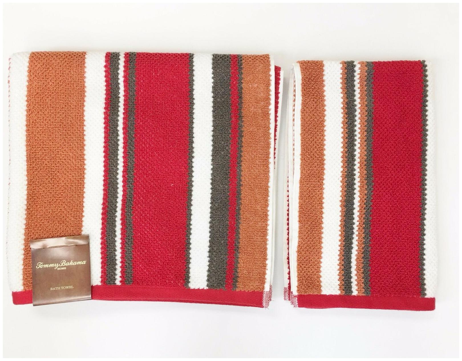 

NEW TOMMY BAHAMA 2 PC SET RED GRAY RUST WHITE STRIPED COTTON BATH HAND TOWEL