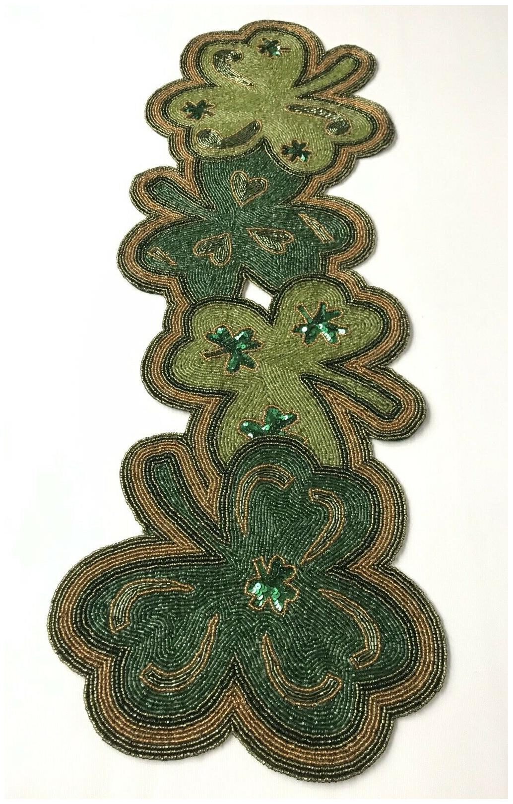 

NICOLE MILLER St Patrick s Day Shamrock Clover Green Beaded Table Runner NEW