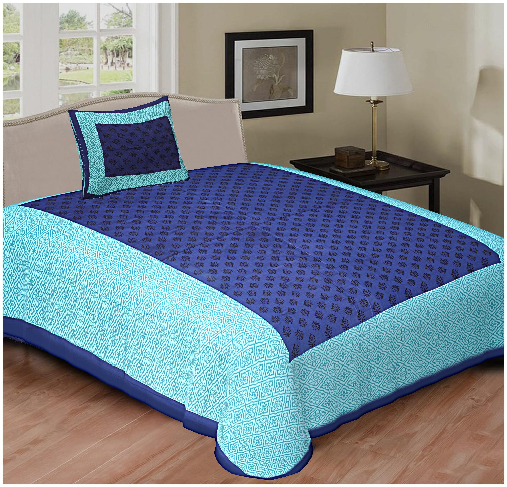 

NIKHILAM Cotton Rajasthani Jaipuri Print Single Size Bedsheet 156 TC ( 1 Bedsheet With 1 Pillow Covers Blue )