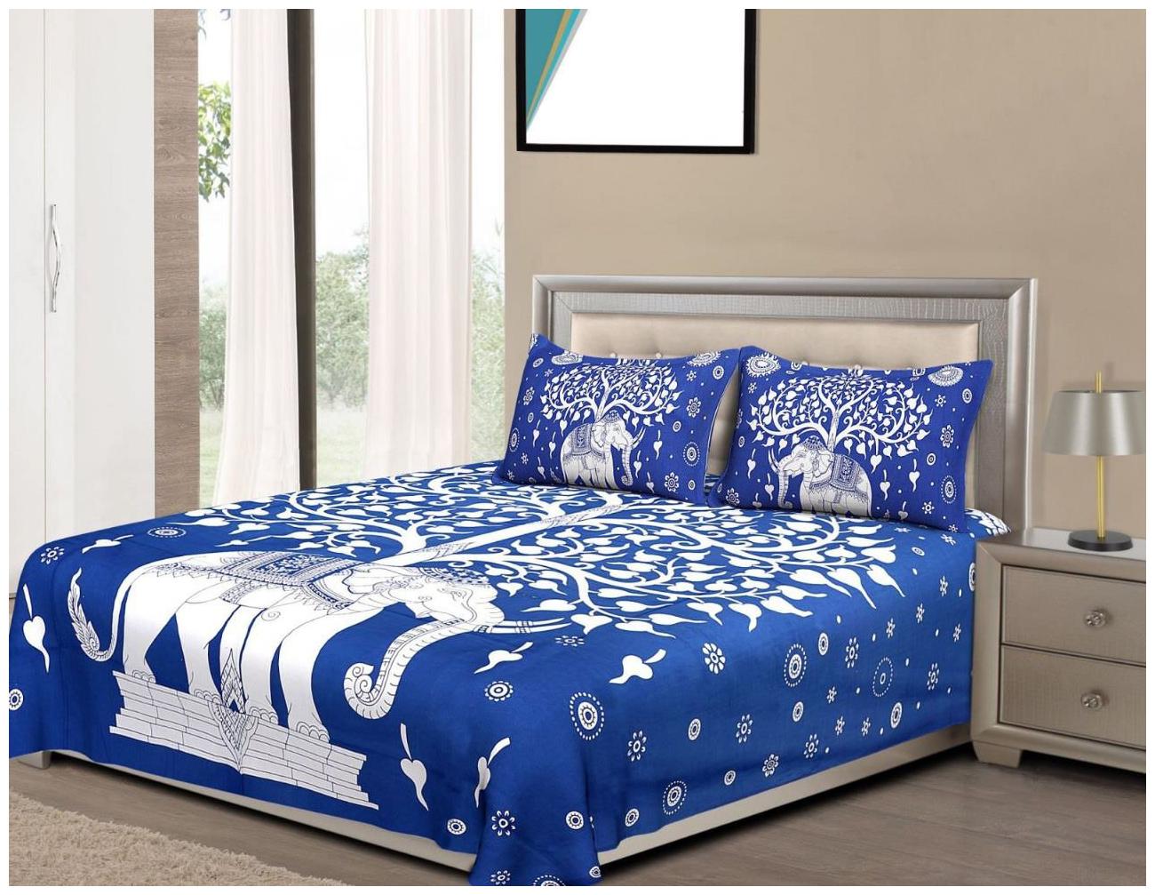 

NIKHILAM Cotton Rajasthani Jaipuri Print King Size Bedsheet 250 TC ( 1 Bedsheet With 2 Pillow Covers Blue )