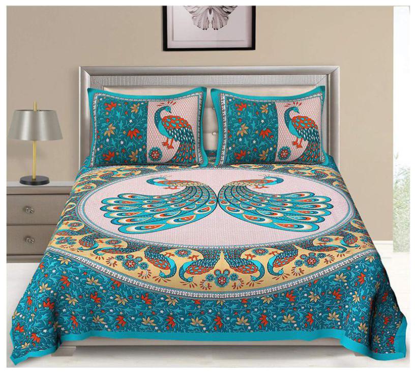 

NIKHILAM Cotton Rajasthani Jaipuri Print King Size Bedsheet 250 TC ( 1 Bedsheet With 2 Pillow Covers Turquoise )