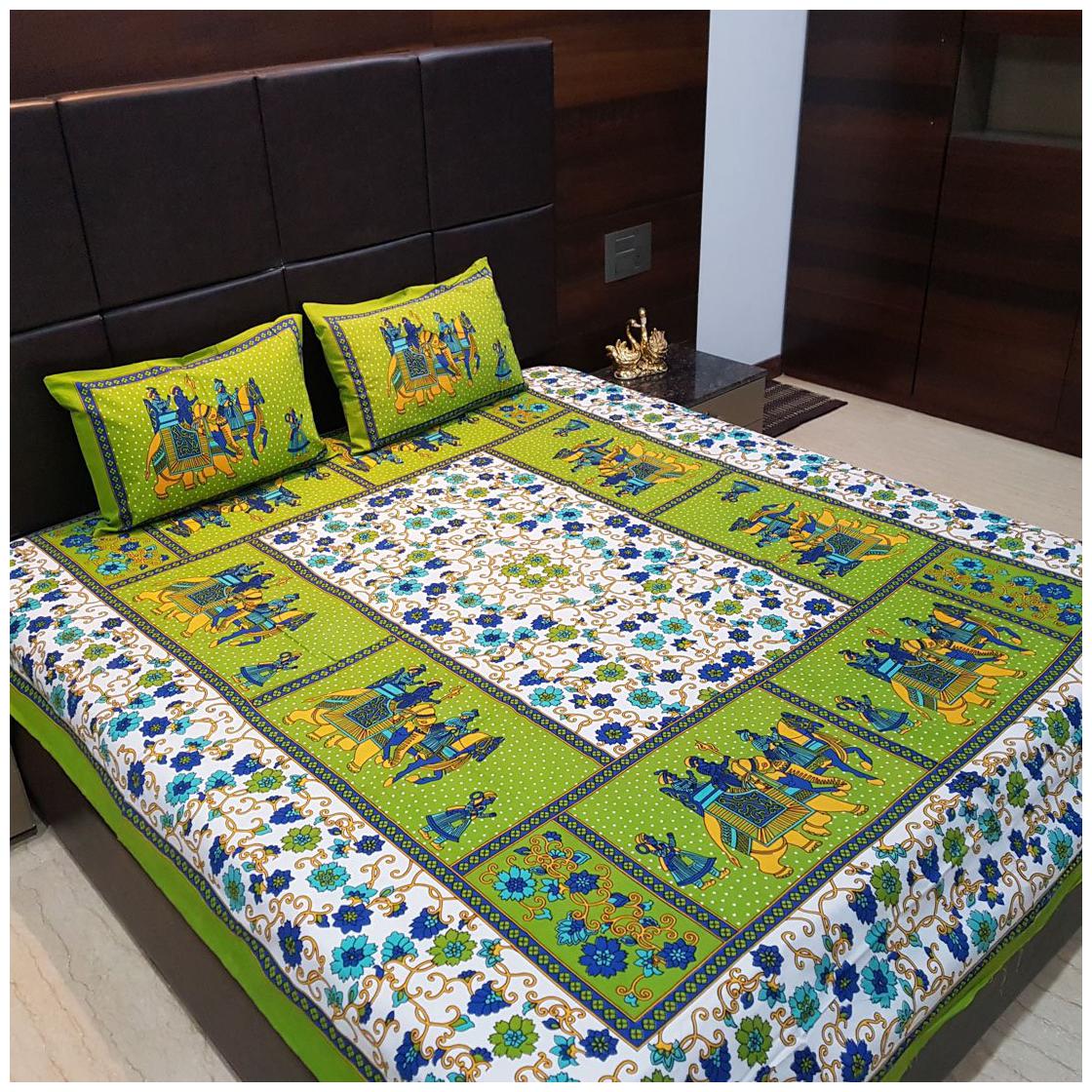 

NIKHILAM Cotton Rajasthani Jaipuri Print King Size Bedsheet 300 TC ( 1 Bedsheet With 2 Pillow Covers Green )