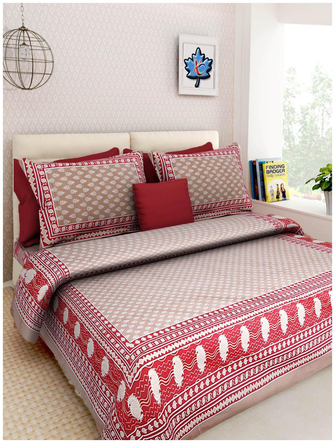 

NIKHILAM Cotton Rajasthani Jaipuri Print King Size Bedsheet 300 TC ( 1 Bedsheet With 2 Pillow Covers Red )