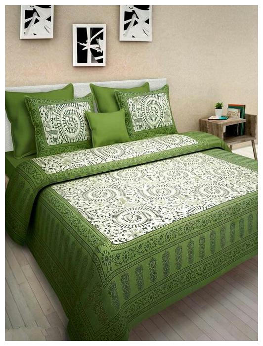

NIKHILAM Cotton Rajasthani Jaipuri Print King Size Bedsheet 300 TC ( 1 Bedsheet With 2 Pillow Covers Green White )