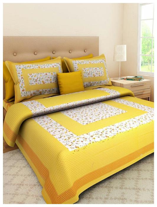 

NIKHILAM Cotton Rajasthani Jaipuri Print King Size Bedsheet 300 TC ( 1 Bedsheet With 2 Pillow Covers Yellow White )