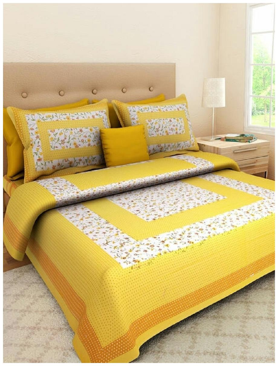 

NIKHILAM Cotton Rajasthani Jaipuri Print King Size Bedsheet 240 TC ( 1 Bedsheet With 2 Pillow Covers Yellow White )