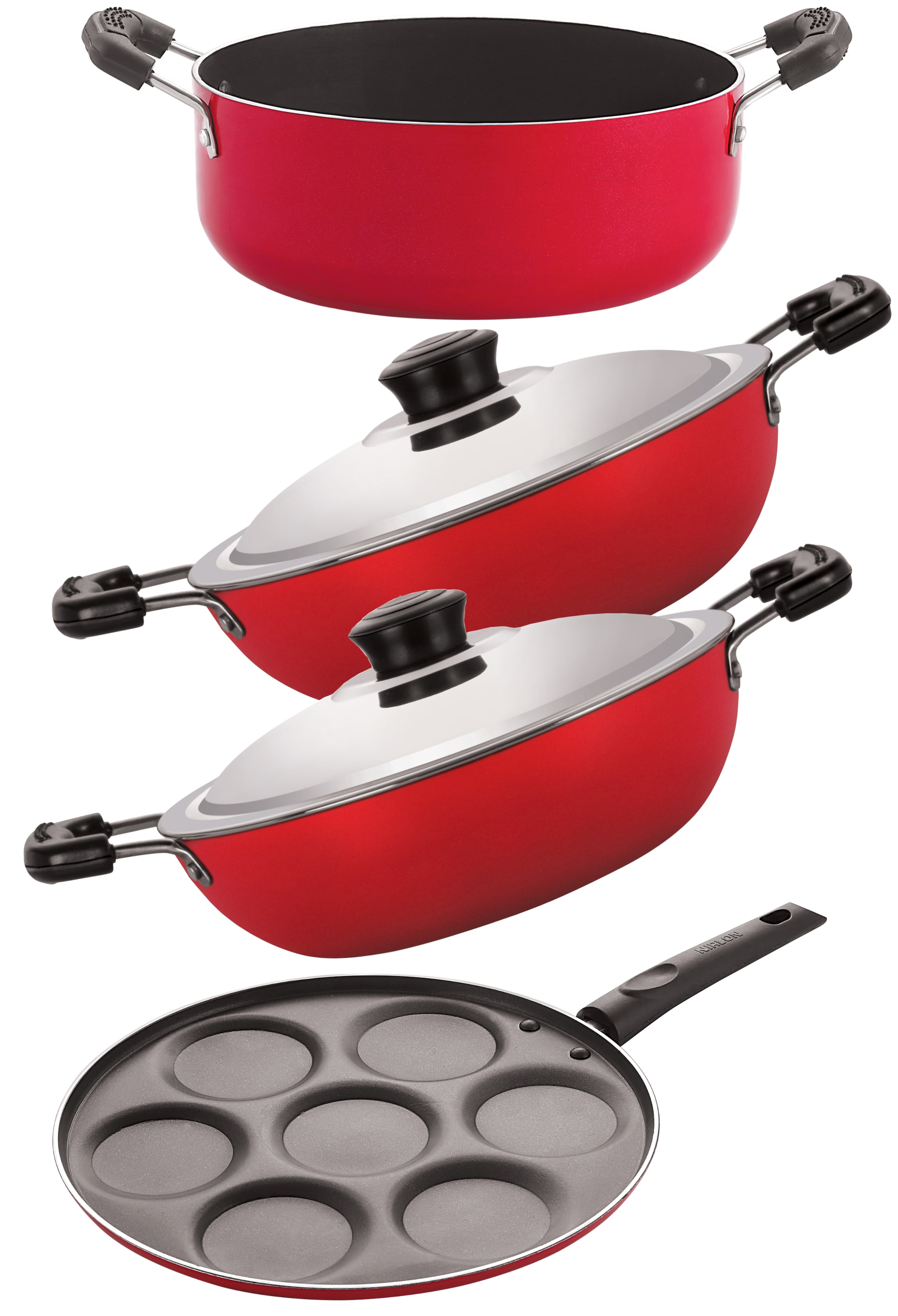 

Nirlon 3 Layer Coated Non stick Aluminium Pots and Pans Cooking Item Gift Set of 4Pcs