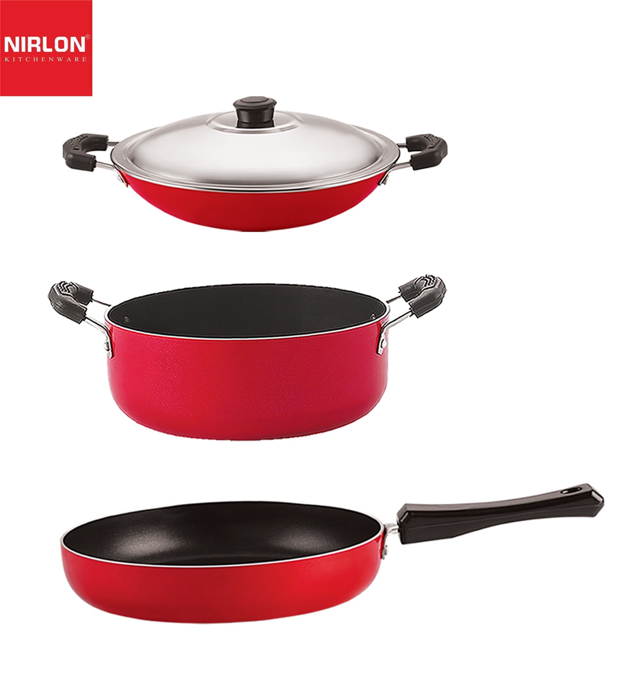 

Nirlon Aluminium Non stick Cooking Pots Pans Set of 3 pcs