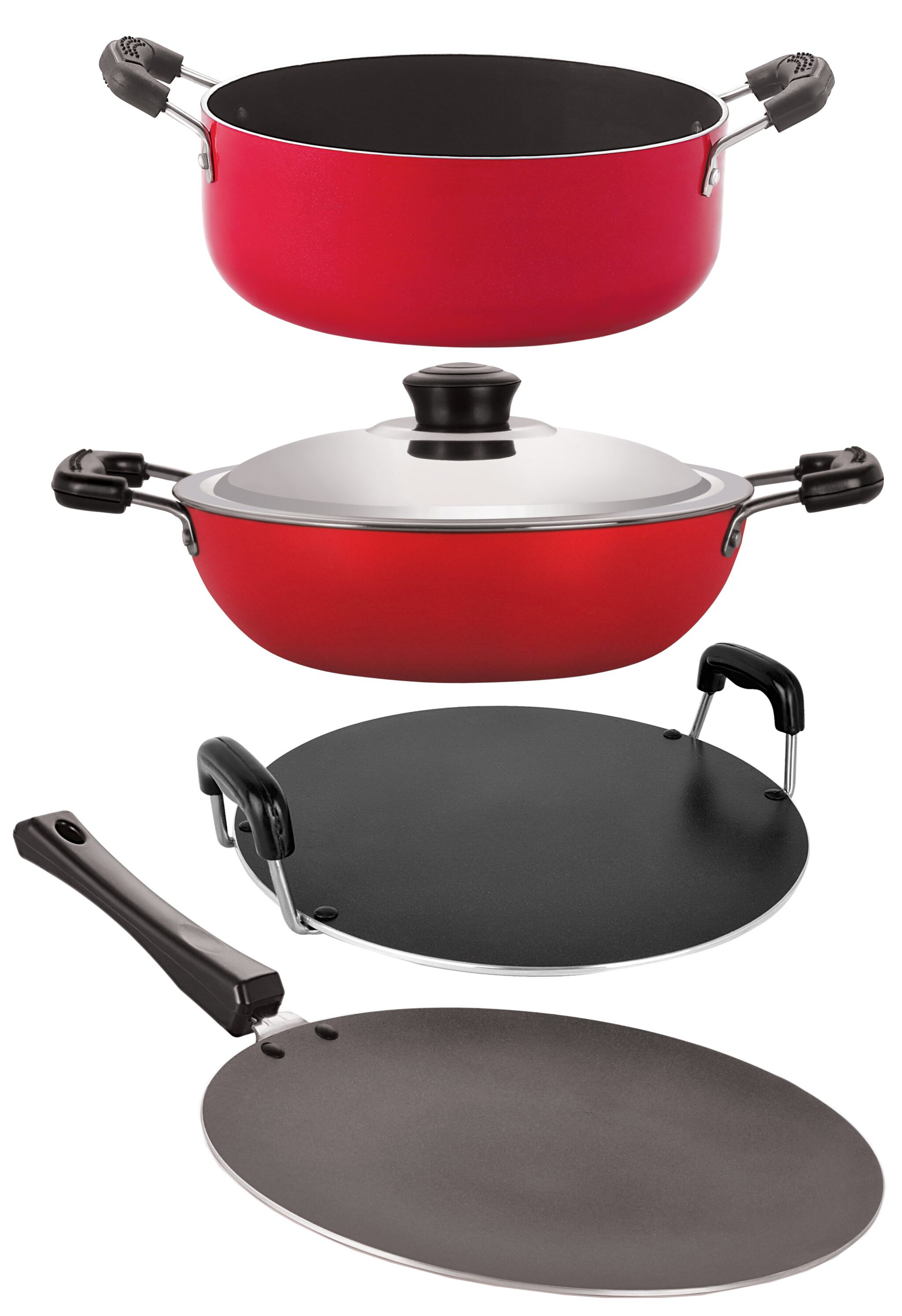 

Nirlon Aluminum Cookware 4 pcs Set Standard Black and Red