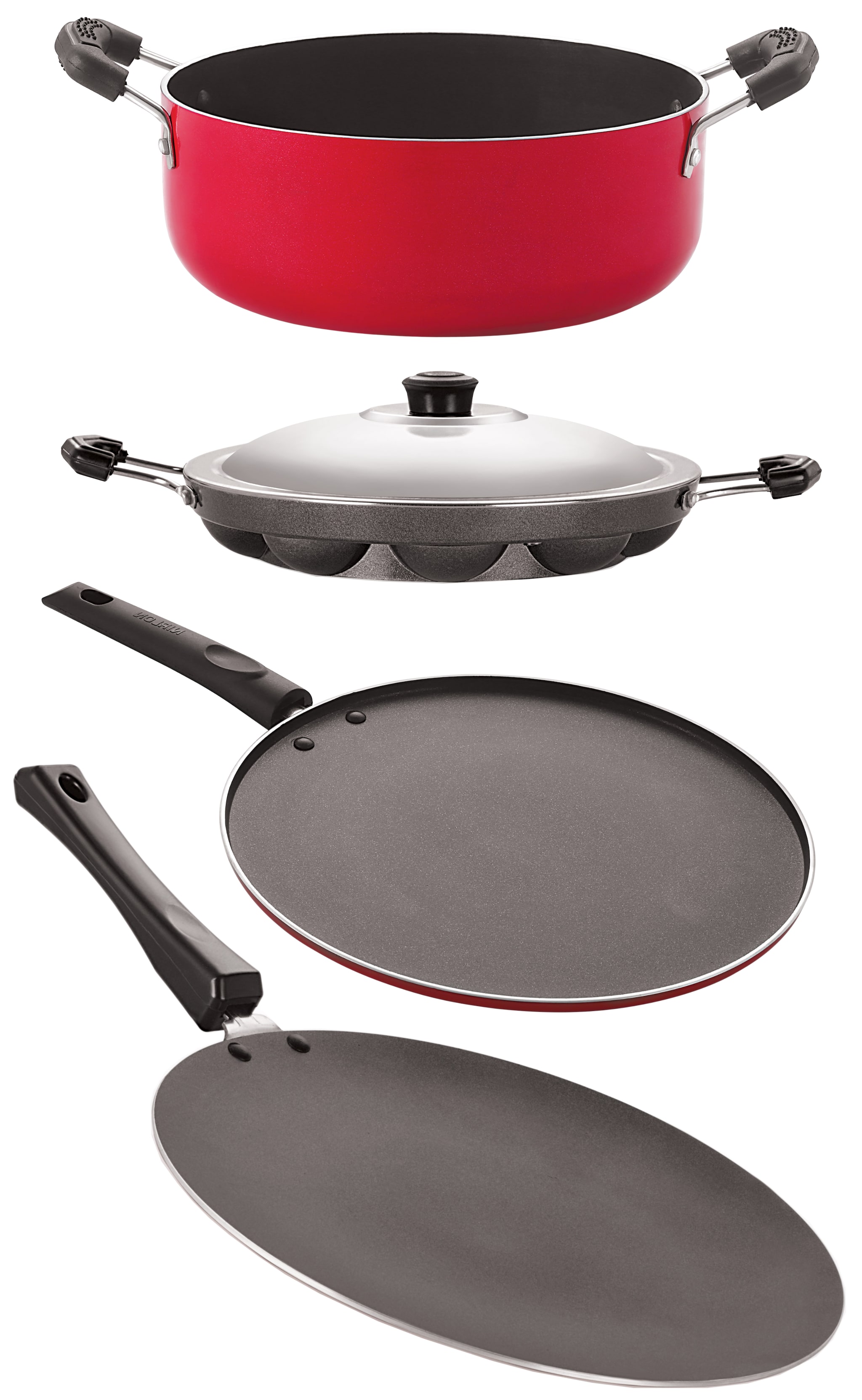 

Nirlon Aluminium Nonstick Cookware 4 pcs Set Red and Black