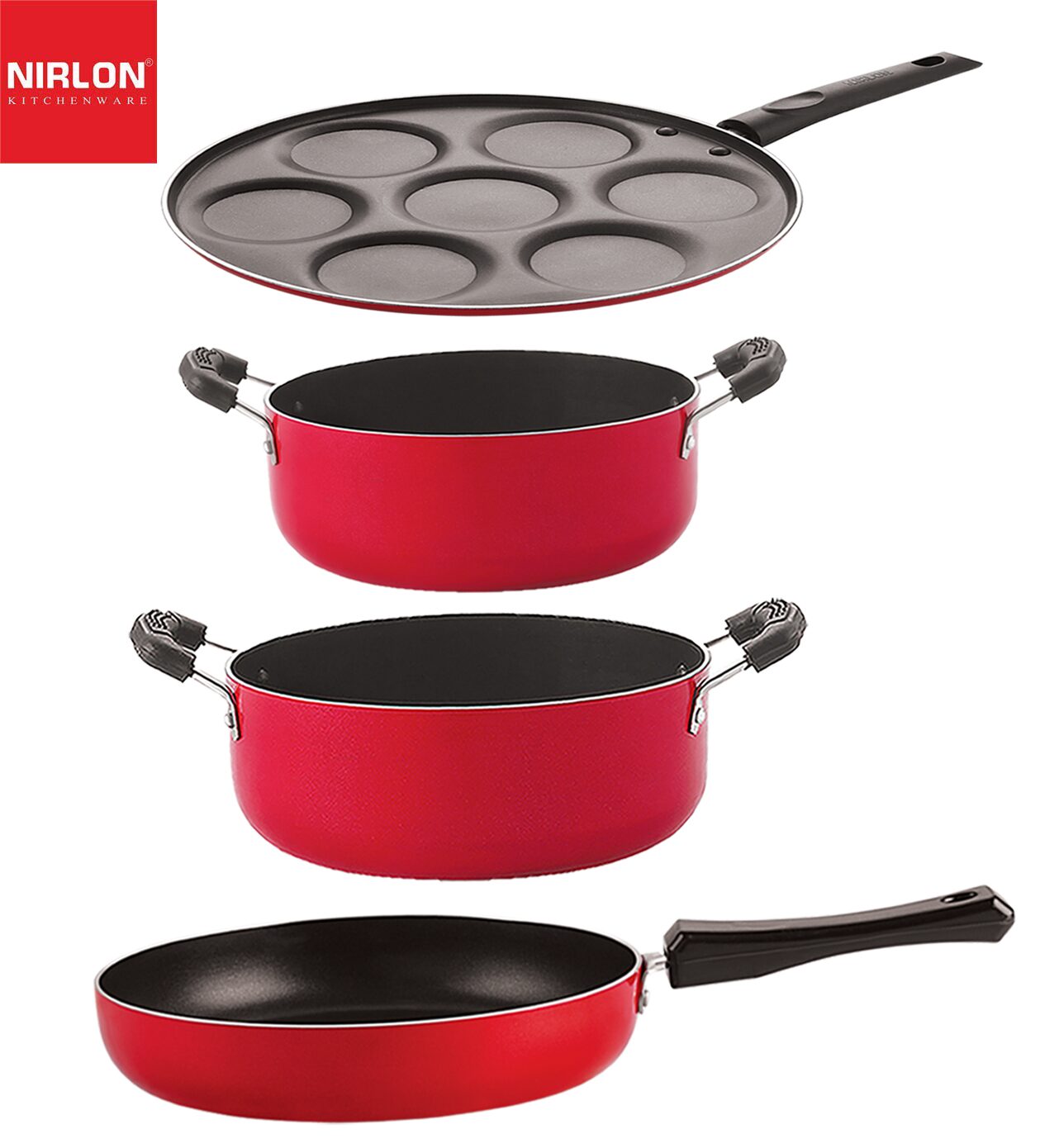

Nirlon Gas Compatible Non-Stick Non Induction Aluminium Cookware Set of 4 pcs