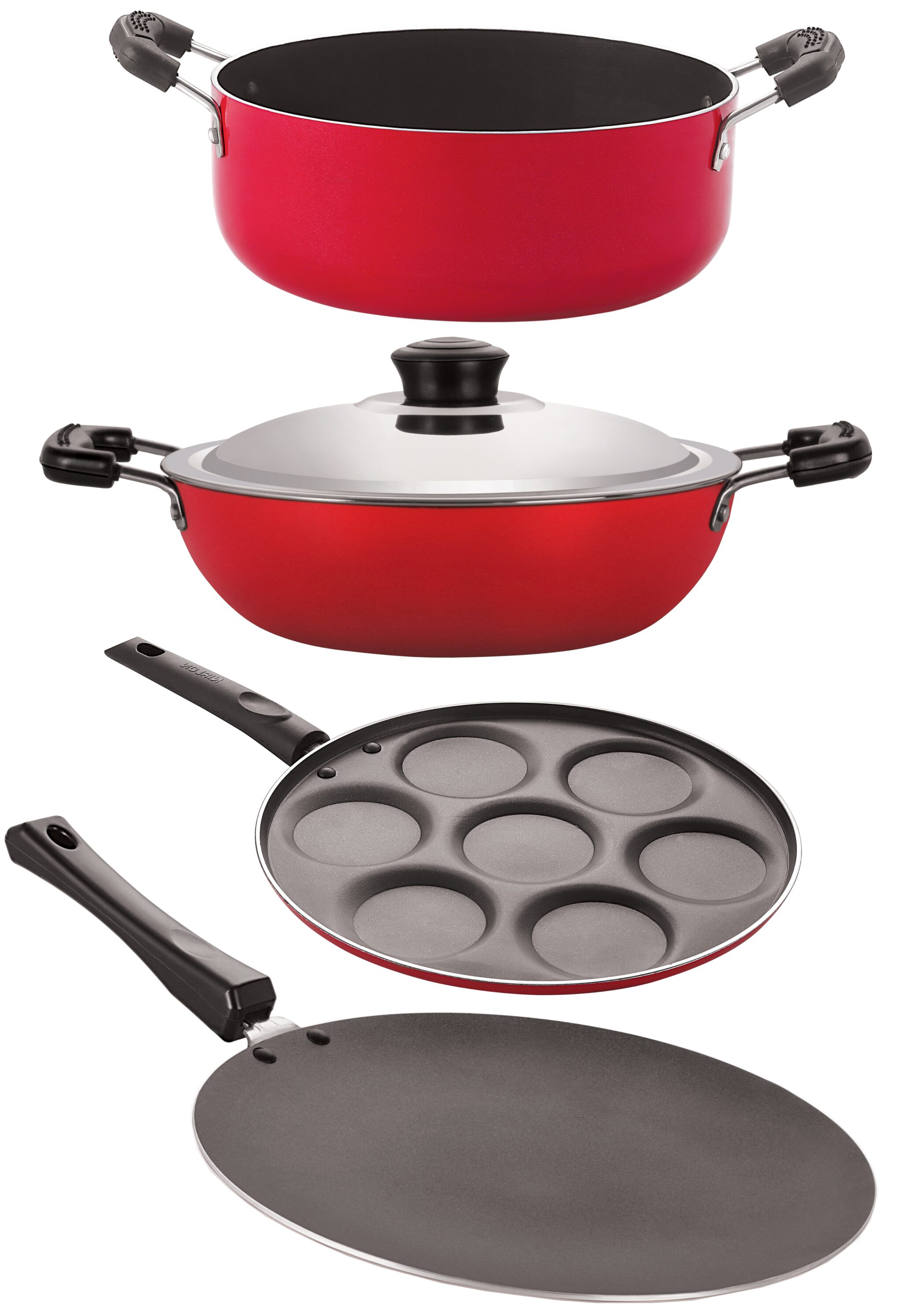 

Nirlon Gas Compatible Non-Stick Aluminium Cookware 4 pcs Set Red Black