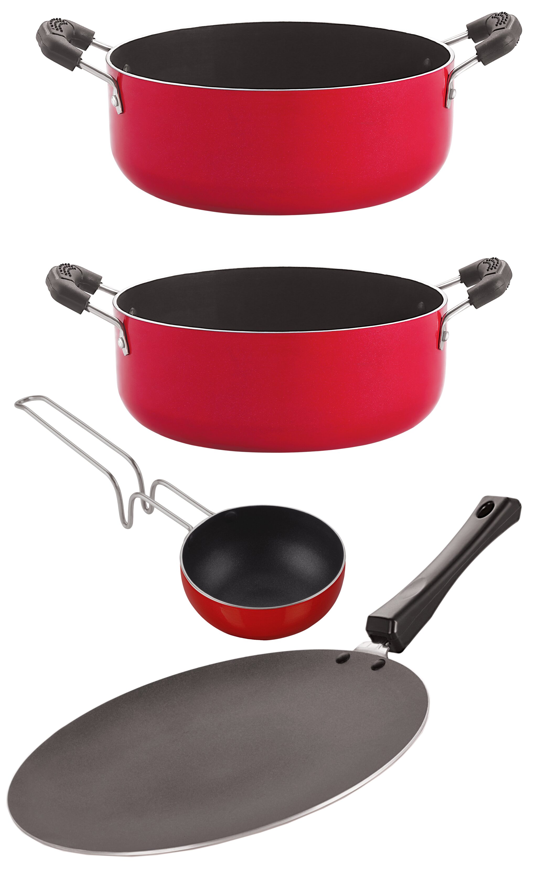

Nirlon Gas Compatible Nonstick Aluminium Cookware 4 pcs Set Red