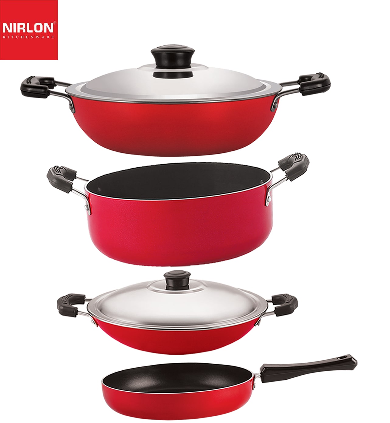 

Nirlon Kitchenware Aluminium Cookware 3 Layer Superior Coating Combo Set of 4 pcs Premium Quality
