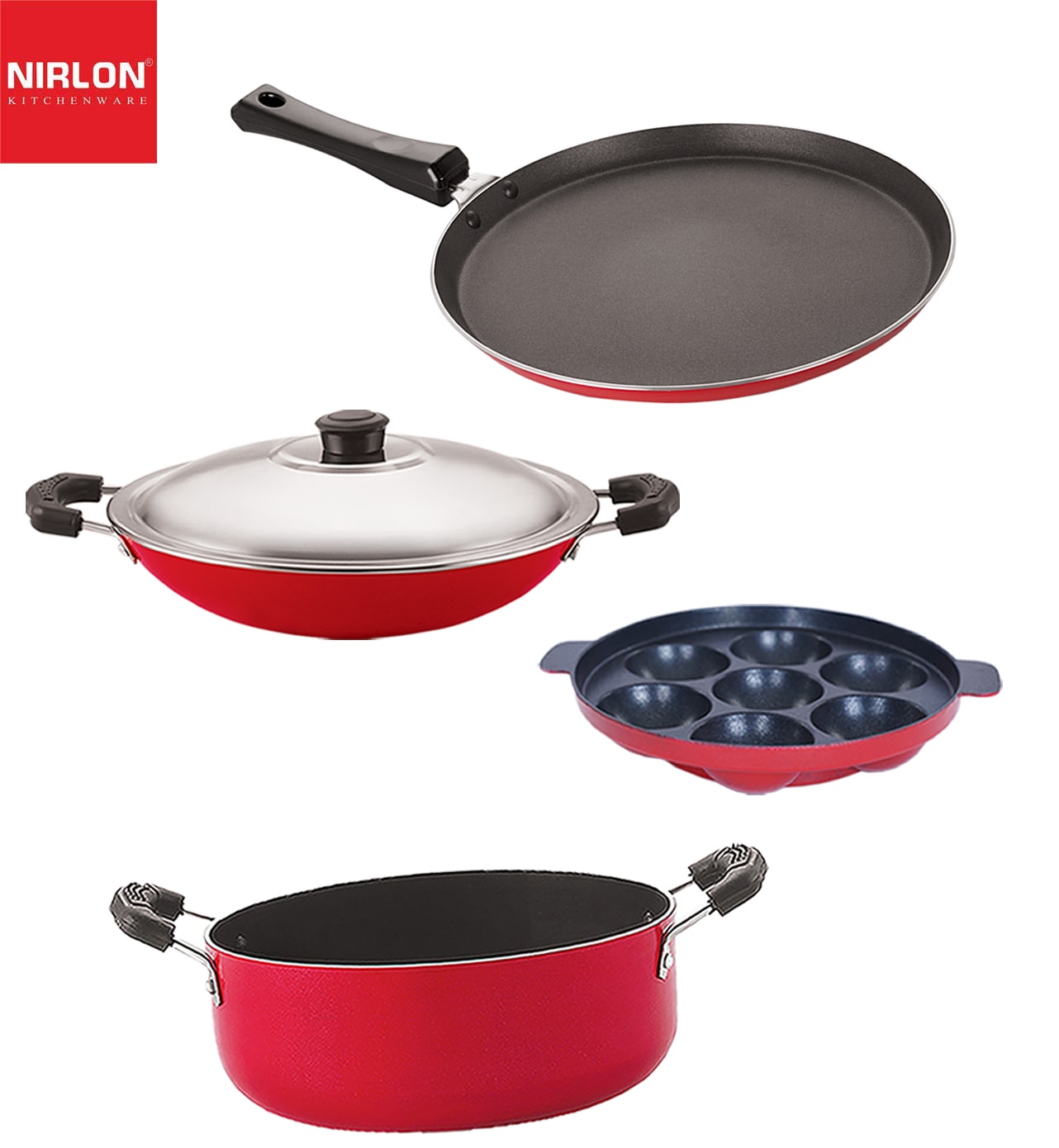 

Nirlon Kitchenware Aluminium Cookware 3 Layer Superior Coating Combo Set of 4 pcs Premium Quality