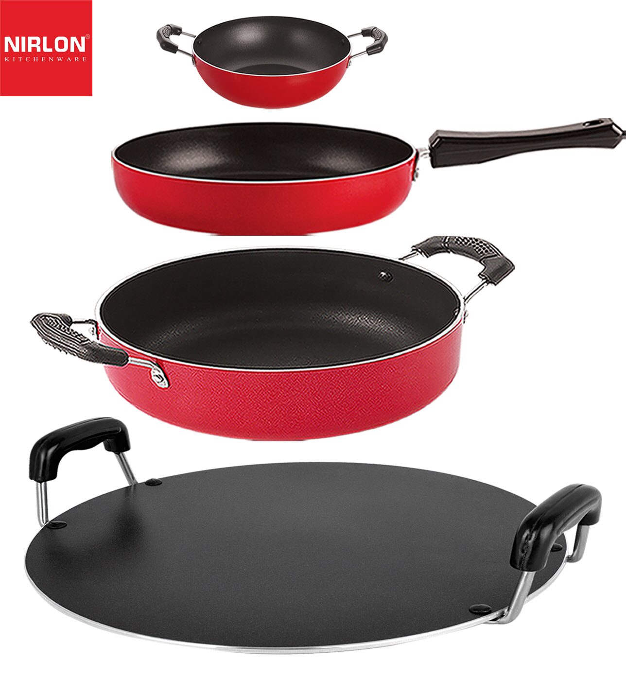 

Nirlon Kitchenware Aluminium Cookware 3 Layer Superior Coating Combo Set of 4 pcs Premium Quality