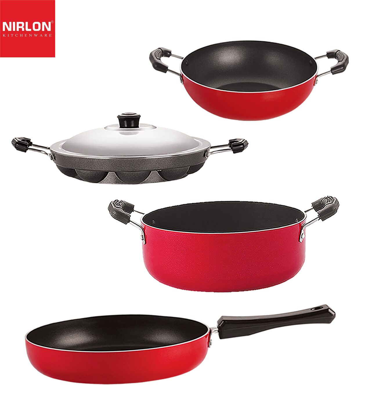 

Nirlon Non stick PFOA Free Gas Compatible Cookware Utensil Item Set of 4 pcs with Bakelite Handle