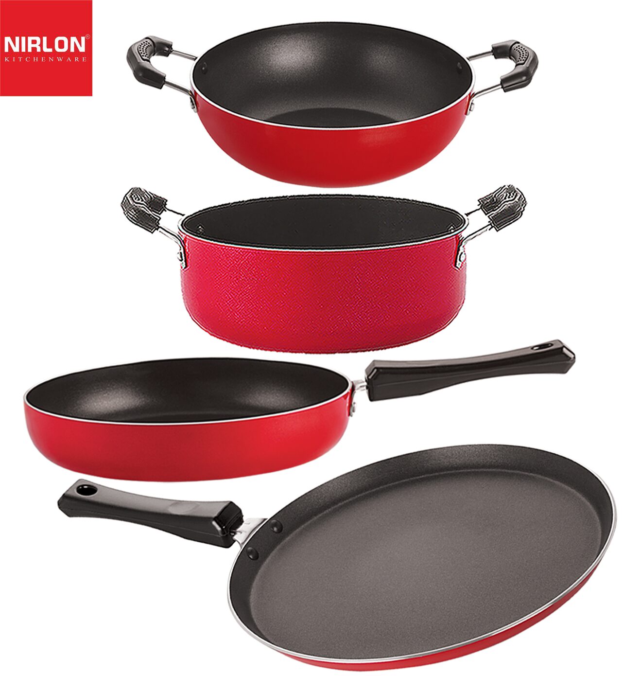

Nirlon Non stick PFOA Free Stain Resistance Non-Induction Pots and Pans GiftSet of 4 pcs