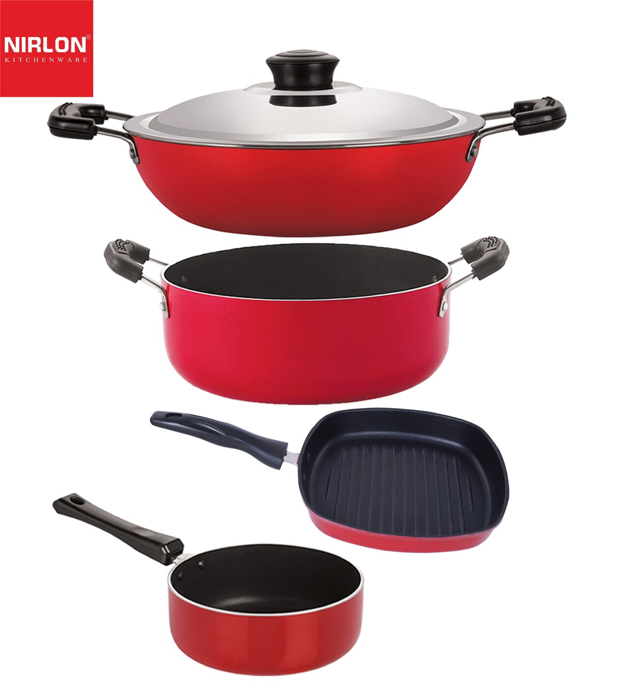 

Nirlon Non stick PFOA Free Stain Resistance Non-Induction Pots and Pans GiftSet of 4-Piece