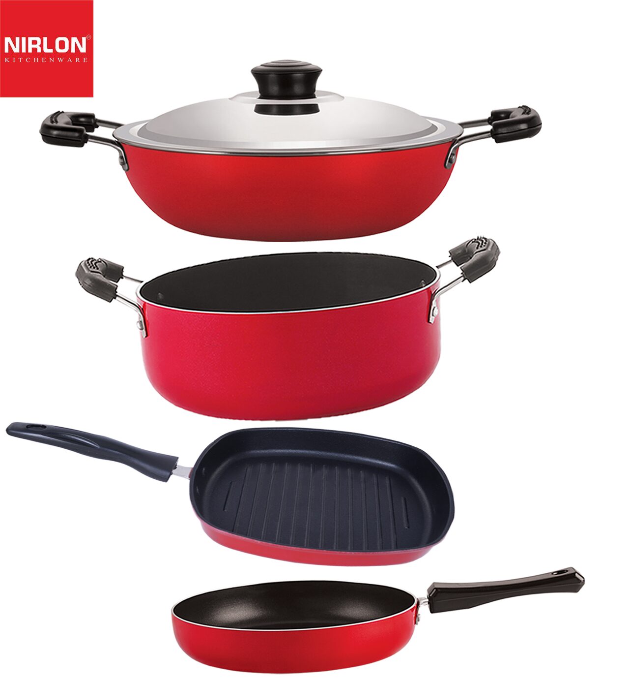 

Nirlon Non-Stick PFOA Free Stain Resistance Non-Induction Kitchen Cooking Essential Combo Item Set of 4 pcs