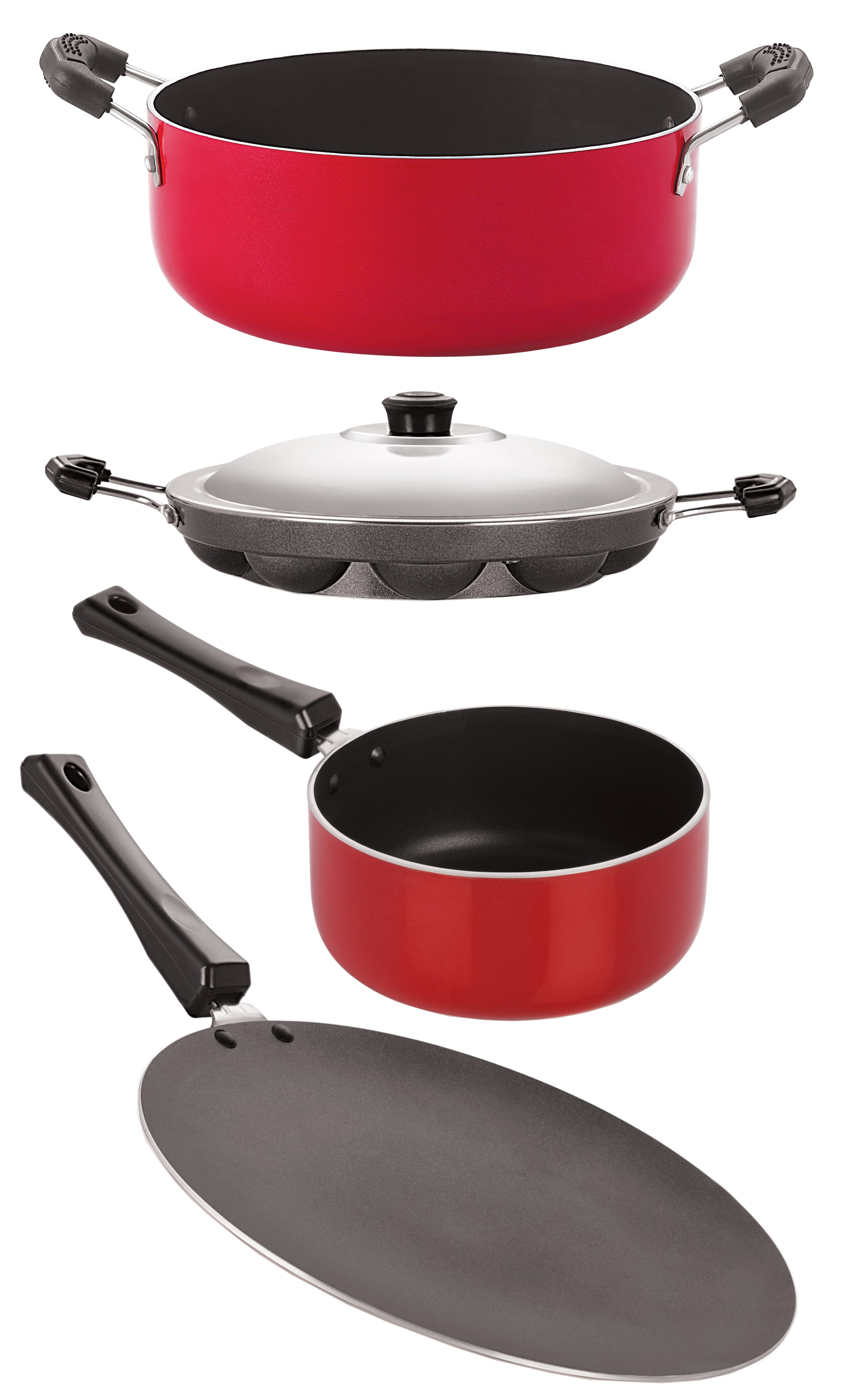 

Nirlon Non-Stick Aluminium Cookware 4 pcs Set Red Black Color