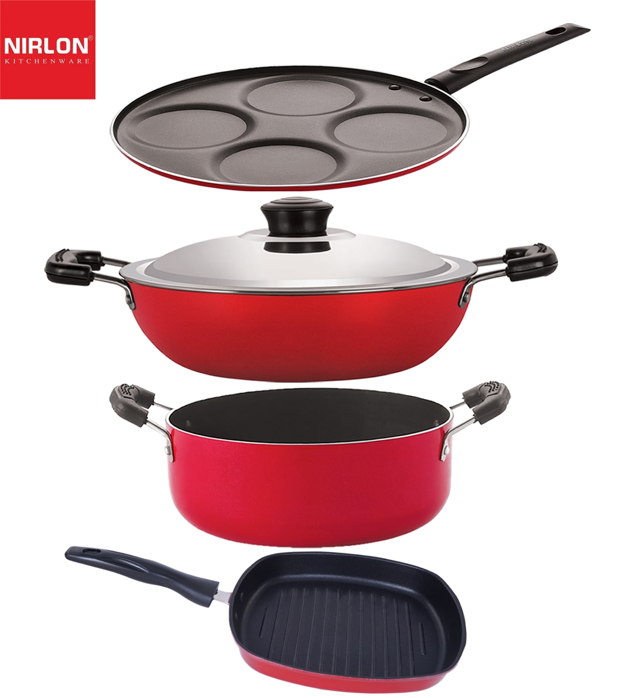 

Nirlon Non stick PFOA Free Gas Compatible Cookware Utensil Item Set of 4 pcs