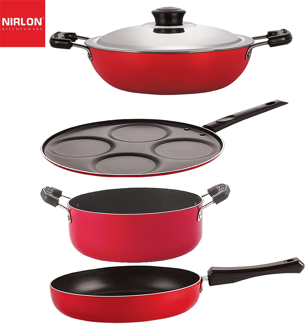 

Nirlon Non stick Coated Aluminium Pfoa Free Kitchenware Essential Gift Set of 4 pcs