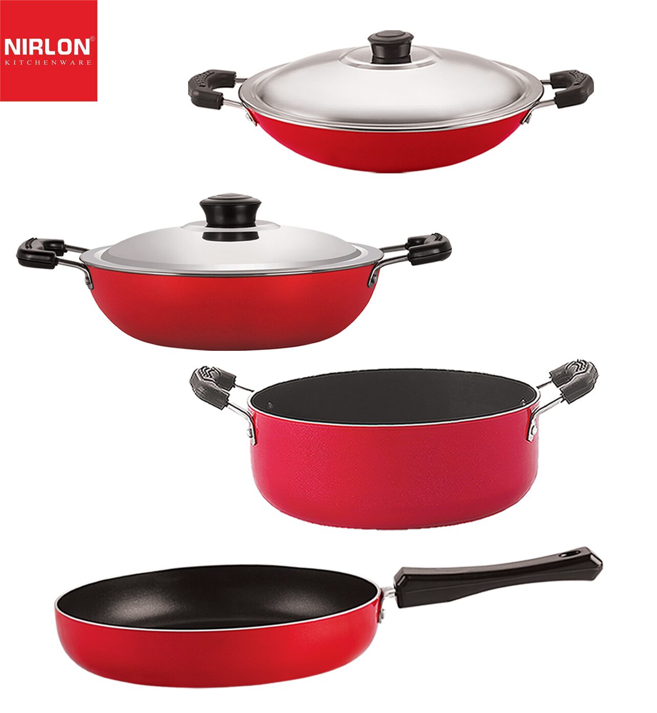 

Nirlon Non-Stick PFOA Free Stain Resistance Non-Induction Kitchen Cooking Essential Combo Item Set of 4 pcs