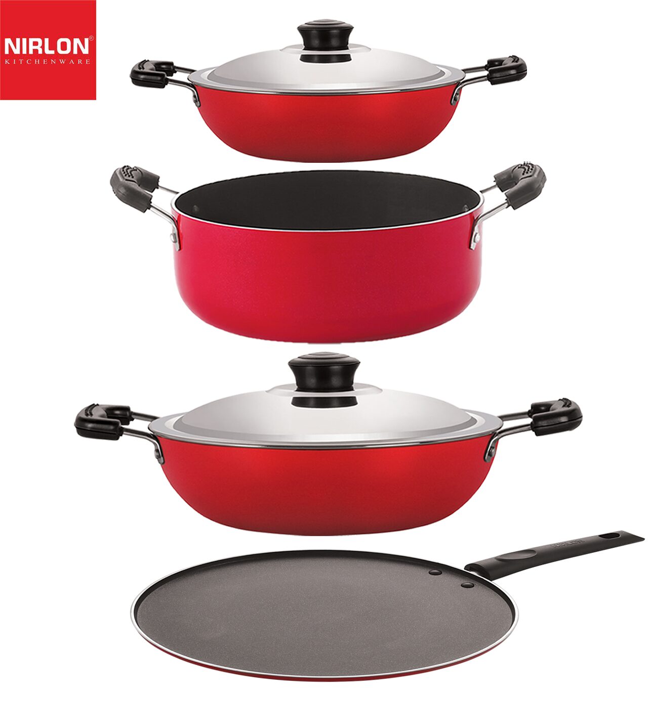 

Nirlon Non stick Aluminium Cookware Set of 4 pcs