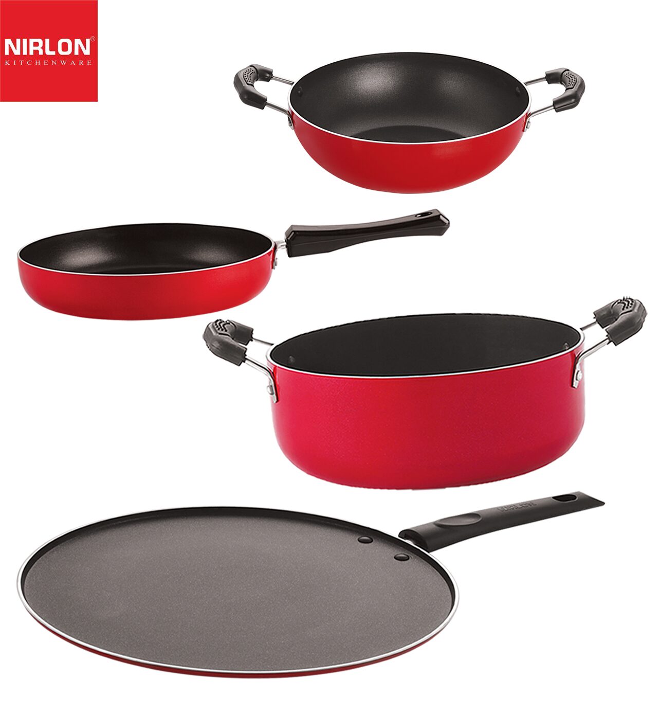 

Nirlon Non stick PFOA Free Stain Resistance Non-Induction Pots and Pans GiftSet of 4 pcs