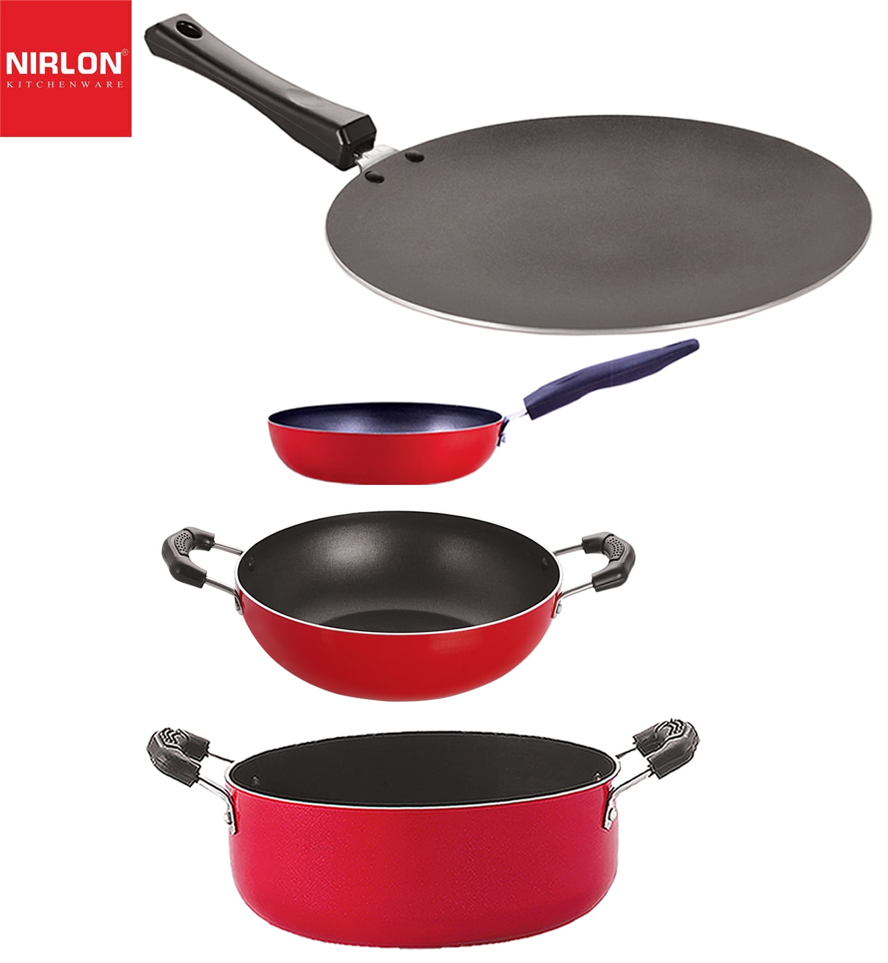 

Nirlon Non stick PFOA Free Gas Compatible Cookware Utensil Item Set of 4-pcs with Bakelite Handle