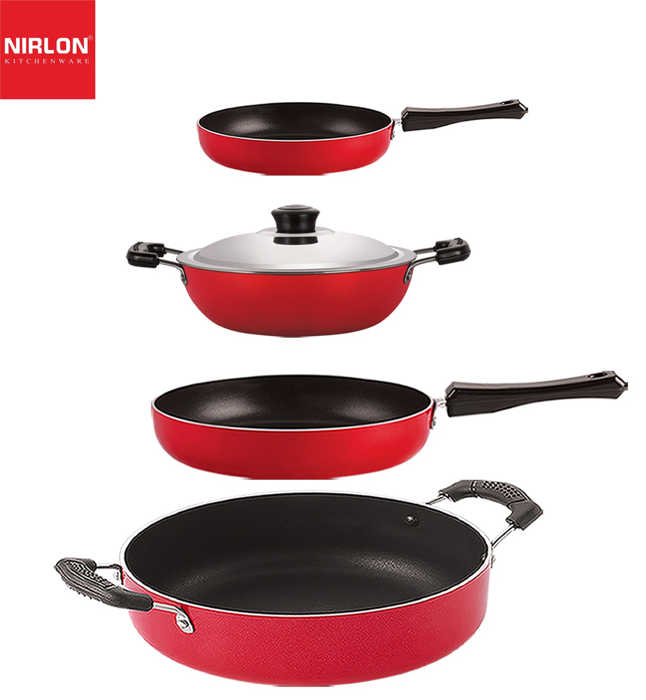 

Nirlon Non stick PFOA Free Gas Compatible Cookware Utensil Item Set of 4 pcs with Bakelite Handle