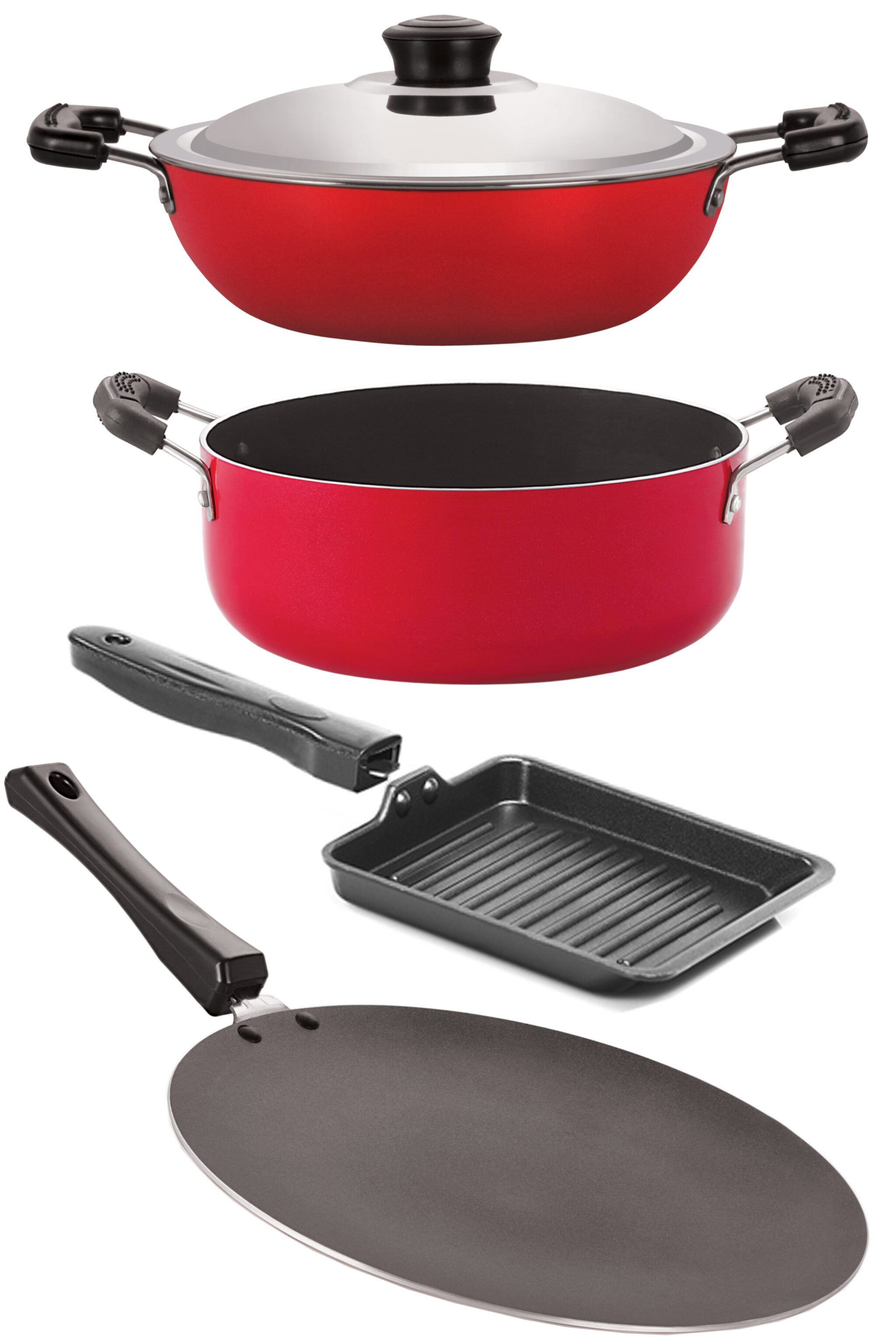 

Nirlon Non-Stick Coated Dishwasher Safe 4 Piece Aluminium Kitchen Utencils Combo Set with Steel Lid