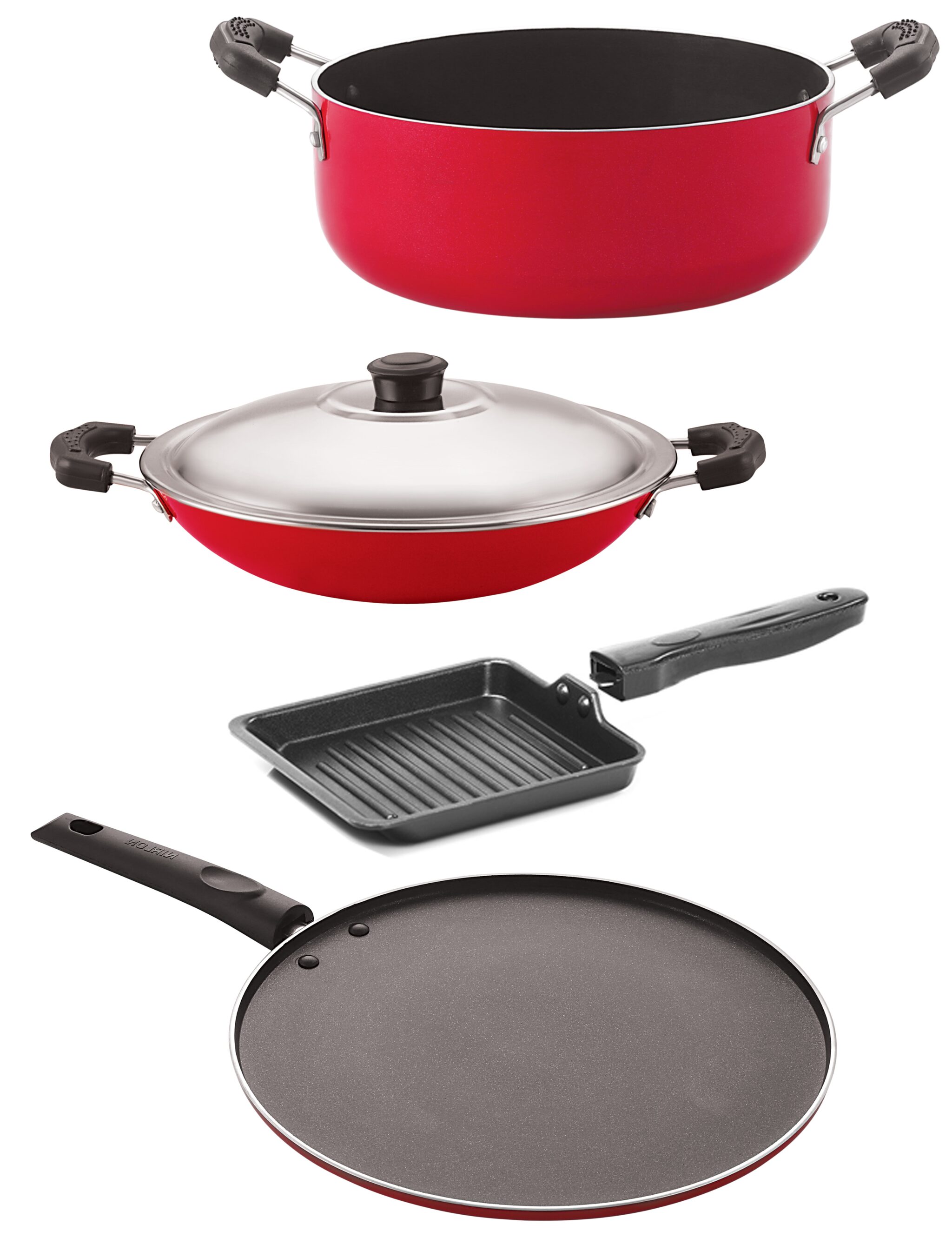 

Nirlon Non-Stick Odor Free 3 Piece Gas Compatible Cookware Combo Set Offer with Bakelite Handle Red and Black Color