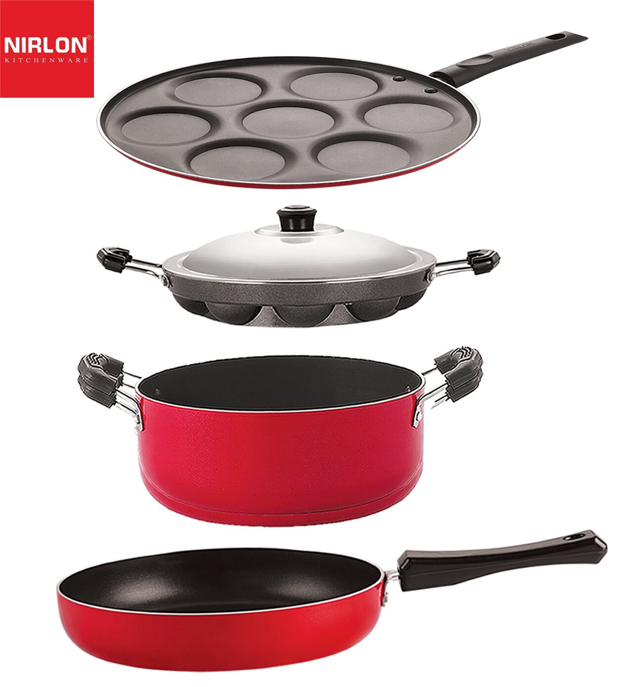

Nirlon Non stick PFOA Free Gas Compatible Cookware Utensil Item Set of 4 pcs with Bakelite Handle