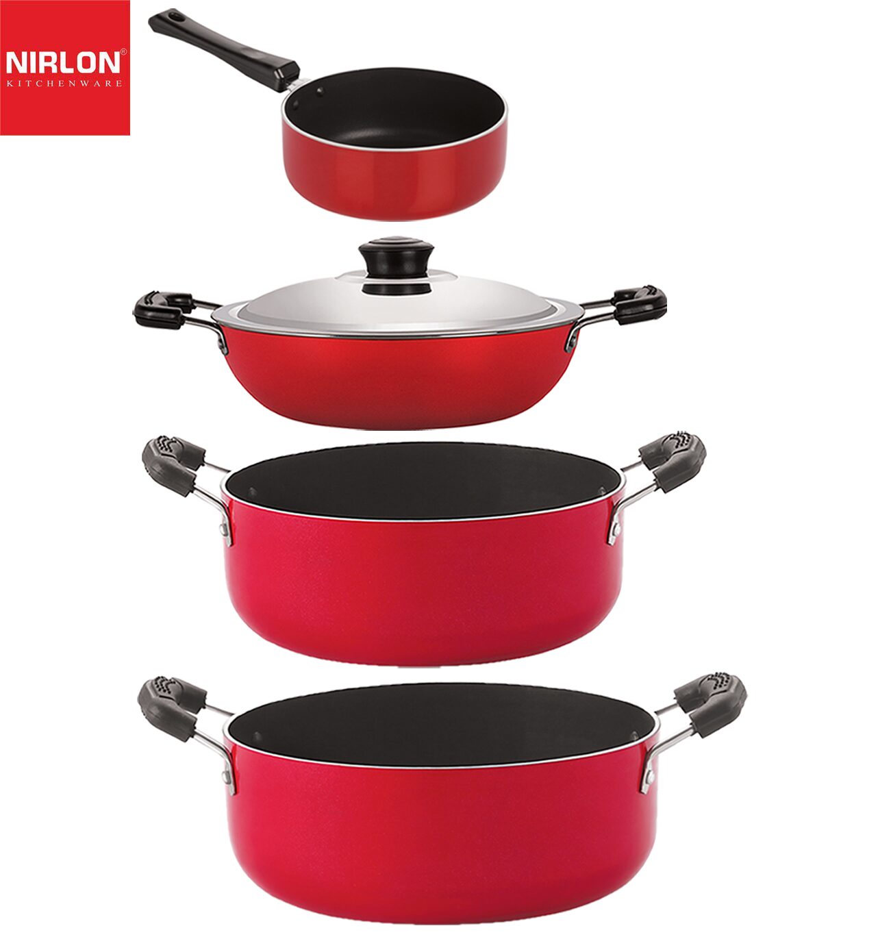 

Nirlon Non stick PFOA Free Gas Compatible Cookware Utensil Item Set of 4 pcs with Bakelite Handle