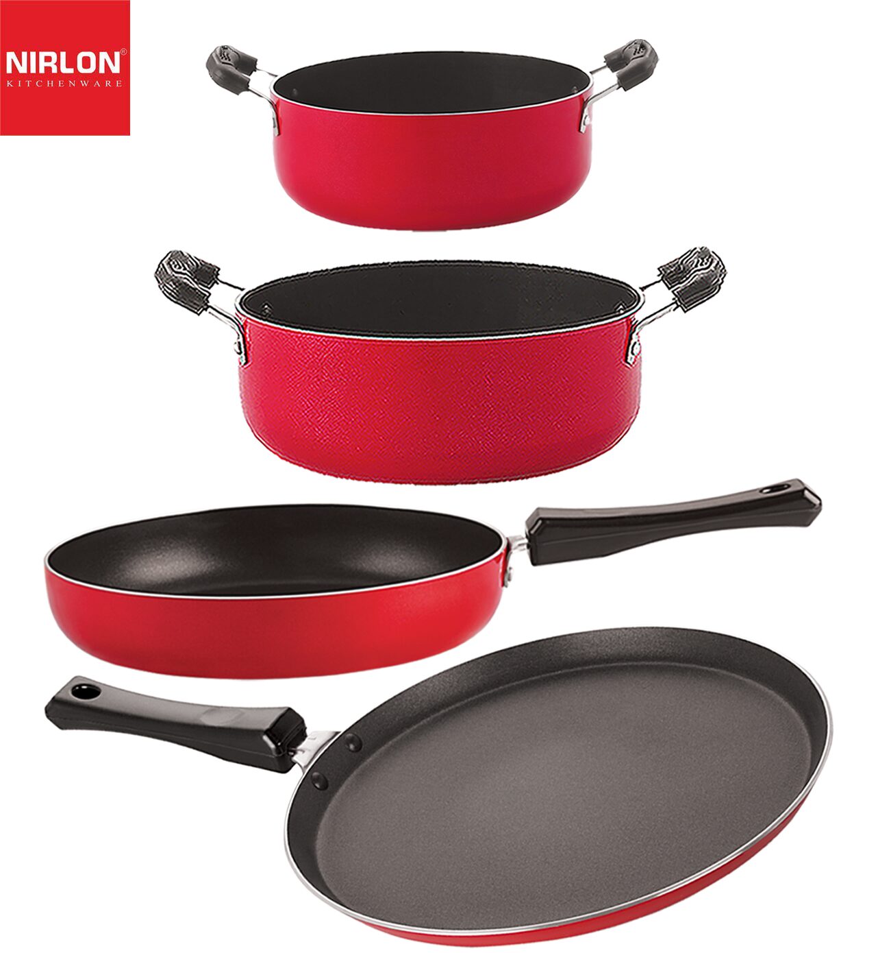 

Nirlon Non stick Coated Aluminium Pfoa Free Kitchenware Essential Gift Set of 4 pcs